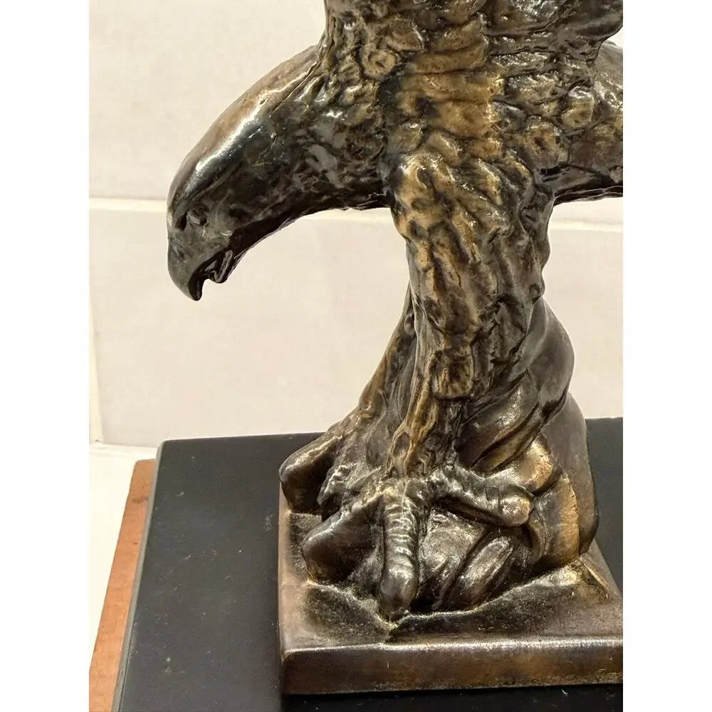 Vintage Antiqued Brass Signed‎ Eagle Sculpture on Base